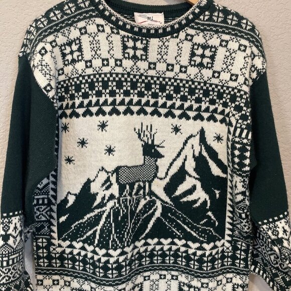 Vintage Christmas Sweater Womens Size Medium SML Sport LTD Green Reindeer - Picture 5 of 11